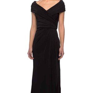 La Femme Black Off-the-Shoulder Ruched Jersey Column Gown